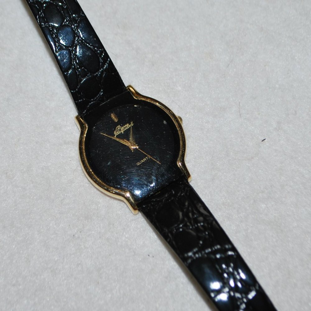 Pierre Jacquard Black Quartz Watch w/Leather Band